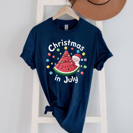 Christmas In July Shirt, Beach Christmas T-Shirt,Xmas Hot Season Tee,Santa Christmas T Shirt,Watermelon Christmas Light Tshirt,Beach Slipper