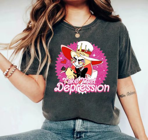 TAKE THAT DEPRESSION Shirt, Lucifer Morningstar Comfort Colors Shirt, Lucifer Hazbin Hotel Shirt, Lucifer Vivziepop Shirt Cartoon Sweatshirt