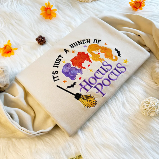 Embroidered Hocus Pocus Witch Sweatshirt, Halloween Witch Embroidered Sweatshirt, Crew Neck Sweatshirt or Hoodie, Unisex T-shirt