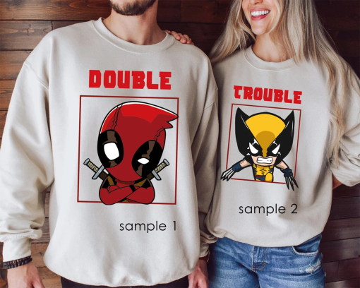 Funny Double Trouble Wolverine and Deadpool T-Shirt, Deadpool 3 Movie Shirt, Matching Deadpool and Wolverine Tee, Family Vacation Shirt