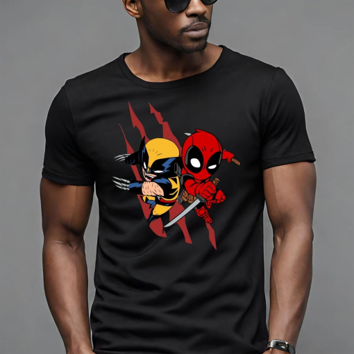 Cartoon Deadpool and Wolverine Shirt, Deadpool 3 Movie Shirt, Graphic Tee for Film Fans, Deadpool & Wolverine Tee, Fun Superhero Mashup Tee