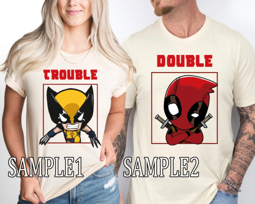 Funny Double Trouble Wolverine and Deadpool T-Shirt, Deadpool 3 Movie Shirt, Matching Deadpool and Wolverine Tee, Family Vacation Shirt