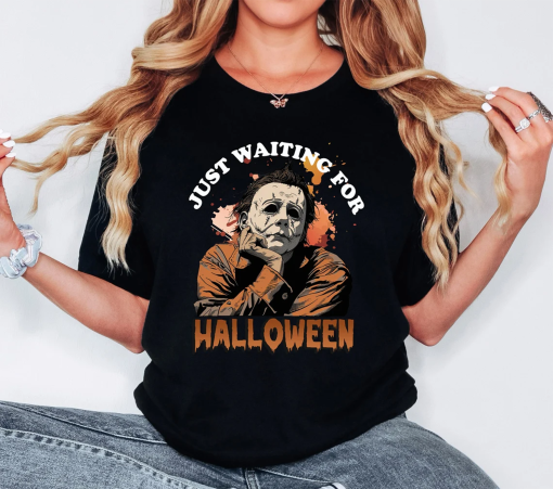 Just Waiting For Halloween Sweatshirt, Retro Horror Characters Halloween T-shirt, Gifts for Halloween, Spooky Season Shirt, Halloween Shirt