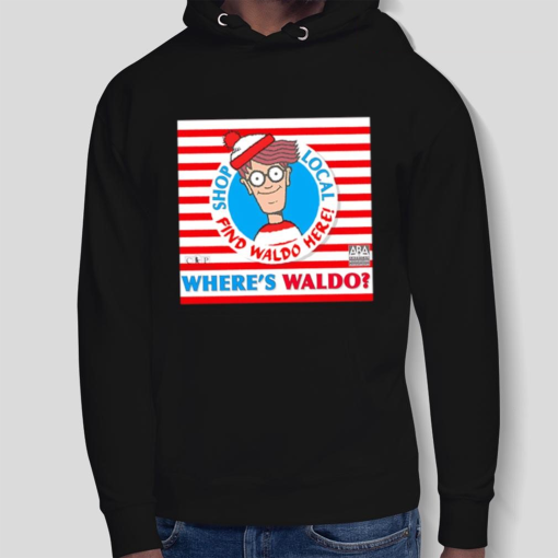 Book character Where’s Wally with red and white shop local find Waldo here shirt