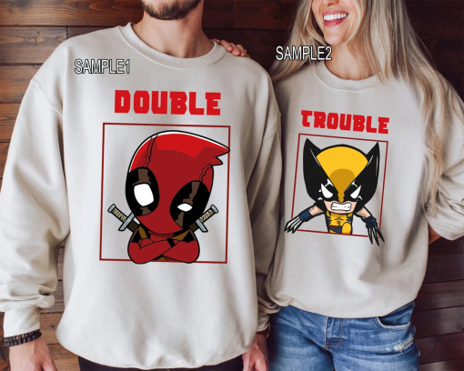 Funny Double Trouble Wolverine and Deadpool T-Shirt, Deadpool 3 Movie Shirt, Matching Deadpool and Wolverine Tee, Family Vacation Shirt