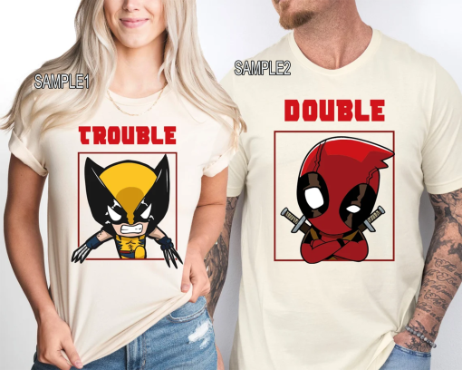 Funny Double Trouble Wolverine and Deadpool T-Shirt, Deadpool 3 Movie Shirt, Matching Deadpool and Wolverine Tee, Family Vacation Shirt