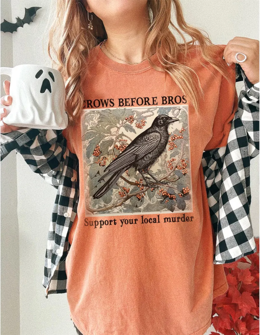 Funny Crows Before Bros Vintage Crow Shirt, Vintage Raven Shirt, Goblincore Witchy Shirt, Women Halloween Crewneck, Dark Academia Clothing