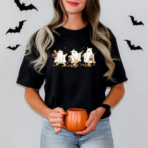 Comfort Colors® Retro Halloween Winnie The Pooh Ghost Shirt, Spooky Season Shirt, Halloween Women’s Shirt, Cute Fall Autumn Leaf Shirt