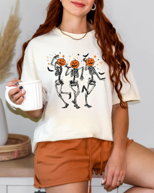 Comfort Colors® Dancing Skeleton Pumpkin Shirt, Retro Halloween Women’s Shirt, Funny Fall Halloween Party TShirt, Spooky Season Skeleton Tee