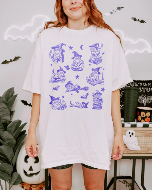 Retro Cat Halloween Shirt, 90s Cat Witch Vintage Tee, Funny Witch Cat T-Shirt, Halloween Cat Lovers Gift, Unisex Tee, Comfort Colors Tshirt