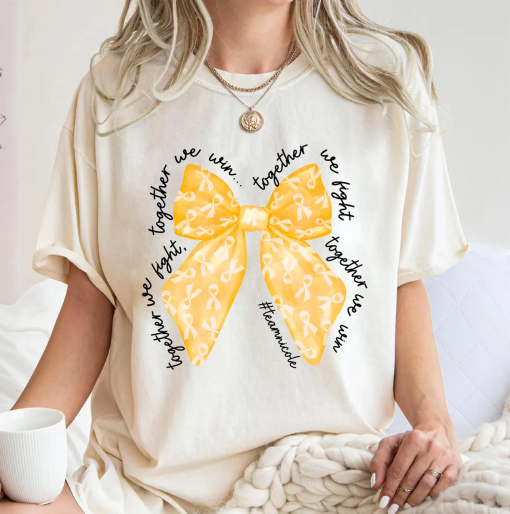 Childhood Cancer Fighter Shirt, Family Cancer Shirt, Yellow Gold Awareness Ribbon Bow for Childhood Cancer, Together We Fight, We Win Shirt