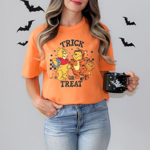 Comfort Colors Halloween Retro Trick Or Treat Winnie The Pooh And Tigger Shirt, Winnie The Pooh Vintage Halloween Shirt, Halloween Women’s