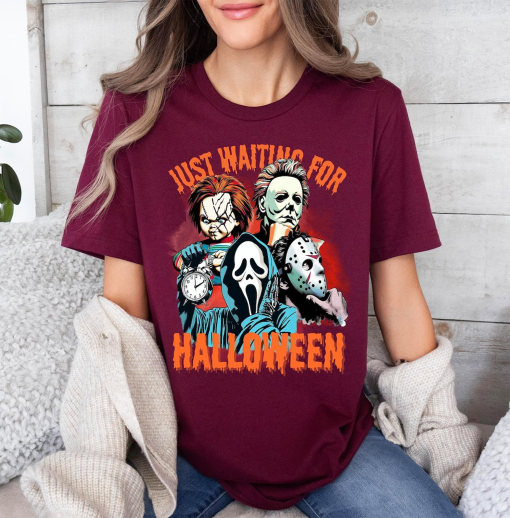 Just Waiting For Halloween Sweatshirt, Retro Horror Characters Halloween T-shirt, Gifts for Halloween, Spooky Season Shirt, Halloween Shirt