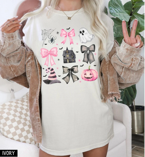 Coquette Halloween Shirt with bows Pastel Spooky pumpkin ghost pink black bows Retro Halloween t-shirt cute halloween shirts Comfort Colors