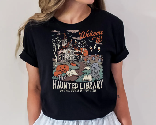 Haunted Library Bella Canvas Shirt for Book Lover Funny Halloween Librarian Graphic Tee Bookish Spooky Crewneck Reading Ghost T-Shirt Fall