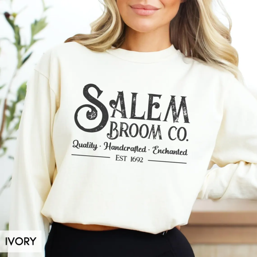 Comfort Colors® Long sleeve Halloween shirt, Salem Broom Company est 1692, witchy Shirt, Vintage retro style halloween outfit for her or him