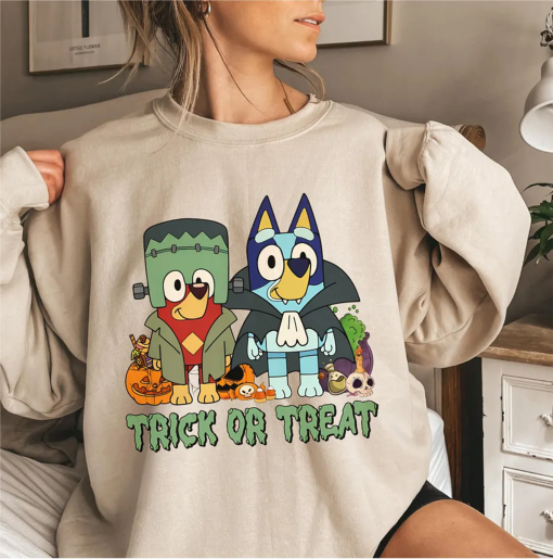 Trick or Treat Bluey Shirt, Cute Halloween Dog T-Shirt, Funny Spooky Season Tee, Bluey and Bingo Halloween Shirt, Cartoon Dog Shirt