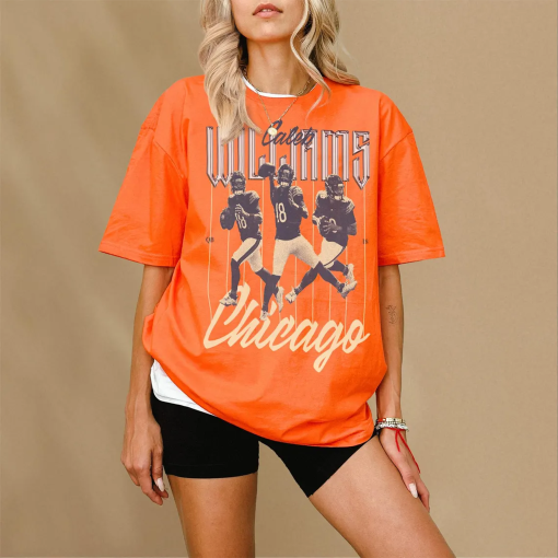 Caleb Williams Shirt, Vintage Chicago Football Jersey, Retro Navy & Orange Caleb Williams Bootleg Graphic T-Shirt Streetwear for Men Women