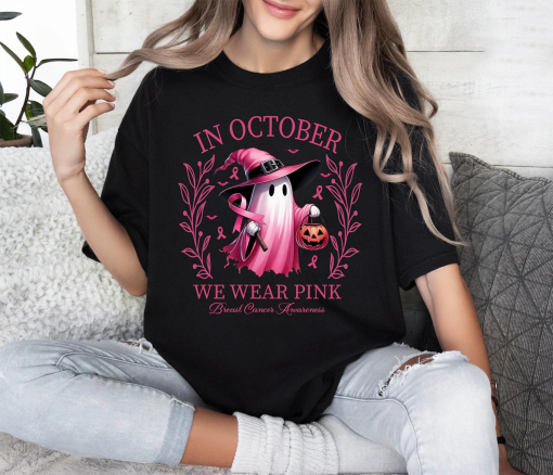 In October We Wear Pink Ghost Shirt, Halloween Tee, Pink Ribbon Shirt, Breast Cancer Awareness Shirt, Retro Cancer Survivor T-Shirt