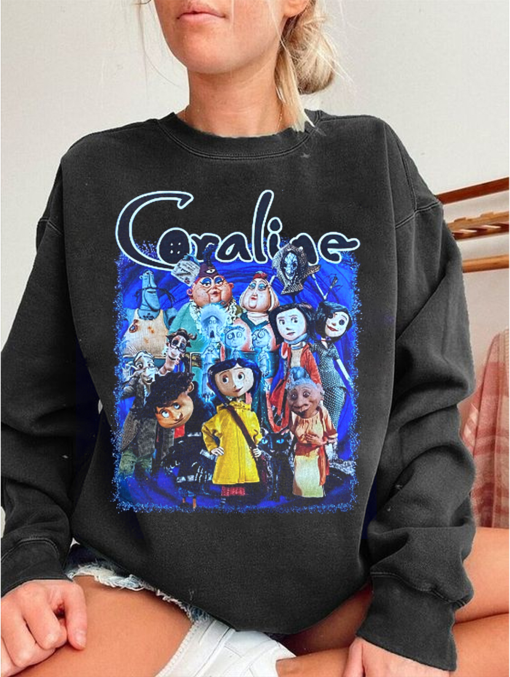 Coraline Spooky Movie Double Side Shirt Sweatshirt Hoodie, Coraline Doodle Halloween TShirt, Horror Cartoon Shirts, Cartoon Halloween Gift