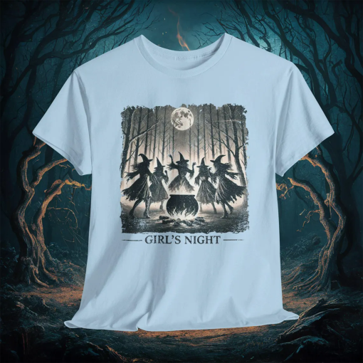 Girl’s Night Witch T-Shirt – Vintage Witches Dancing, Halloween Party Tee, Spooky Forest Graphic Shirt, Witchcraft Themed Apparel