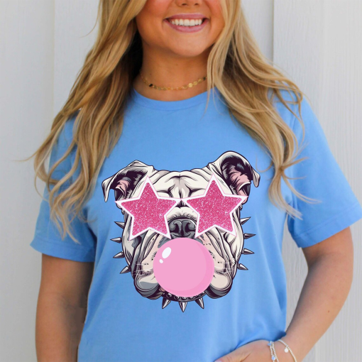 Preppy Bubble Blowing Pink Bulldog Mascot Team Sweatshirt, Cute Mascot Sweater, School Team Tee, Favorite Bulldog Team Shirt,School Logo Tee