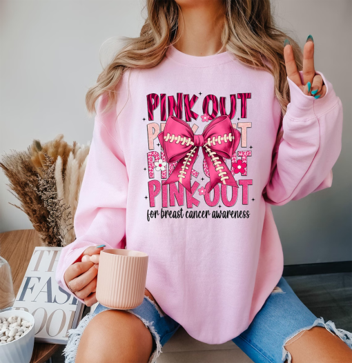 Football Pink Out Shirt, Breast Cancer Sweatshirt, Breast Cancer Awareness Tee, Pink Ribbon, Game Day Shirt, Football Mom Coquette T-Shirt