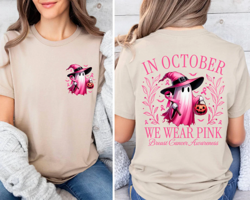 In October We Wear Pink Ghost Shirt, Halloween in October We Wear Pink, Breast Cancer Awareness Shirt, Pink Ribbon Shirt, Wear Pink Pumpkin