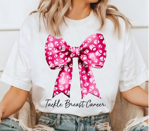 Tackle Breast Cancer Shirt, Pink Bow Football Shirt, Pink Out Cancer Suvivor Shirt, Breast Cancer Football Mom, Football Fight Cancer Tee