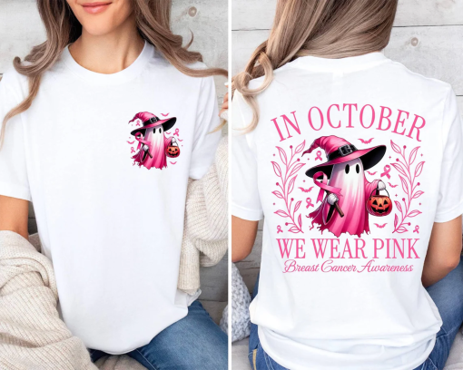 In October We Wear Pink Ghost Shirt, Halloween in October We Wear Pink, Breast Cancer Awareness Shirt, Pink Ribbon Shirt, Wear Pink Pumpkin