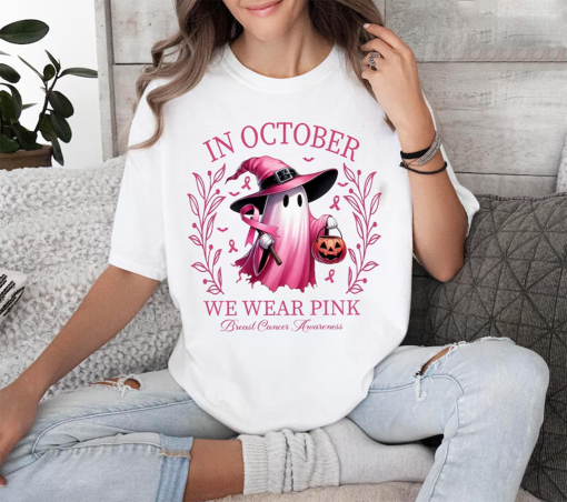 In October We Wear Pink Ghost Shirt, Halloween Tee, Pink Ribbon Shirt, Breast Cancer Awareness Shirt, Retro Cancer Survivor T-Shirt