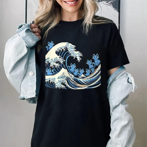 Blue Wave Cat for Kamala T-Shirt, Ukiyo-e Inspired Japanese Artistic Cat Lover Tee