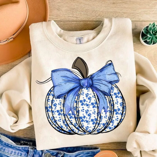 Fall Pumpkin shirt, Blue floral pumpkin shirt sublimation, Thanksgiving shirt