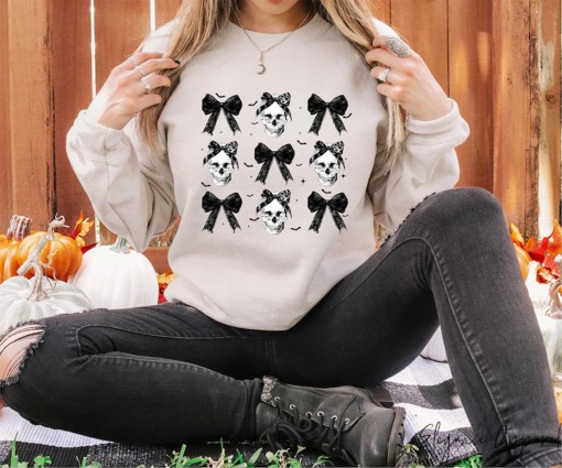 Skull Black Bow Sweatshirt, Retro Halloween Shirt, Gift For Halloween, Holiday Sweatshirt, Halloween Costume, Fall Sweater, Spooky Season