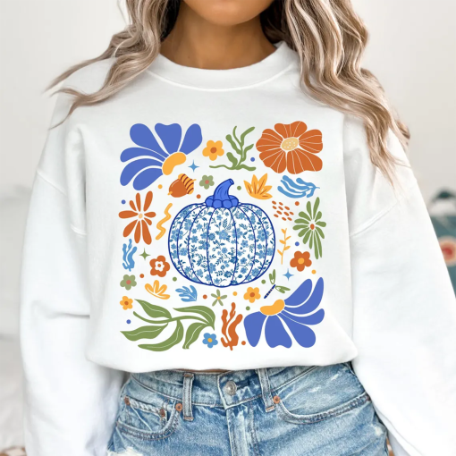 Blue Floral Pumpkin shirt, Boho Floral Fall shirt, Fall Mama Png, Autumn Vibes