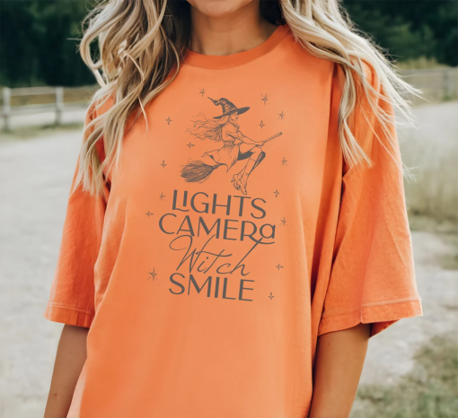 Taylor Swift-Inspired Lights Camera Witch Smile Halloween T-Shirt, Cute Halloween sweater, Halloween witch shirt, Comfort Colors®