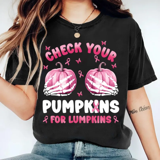 Comfort Colors® Check Your Pumpkins Shirt, Breast Cancer Awareness Halloween Shirt, Cancer Awareness Tee, Happy Halloween Oversized Tee