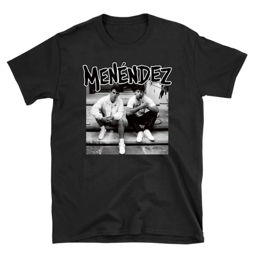 MENENDEZ – out of step porch punk hardcore throwback true crime brothers Lyle Erik music 80s album cover parody – T-Shirt