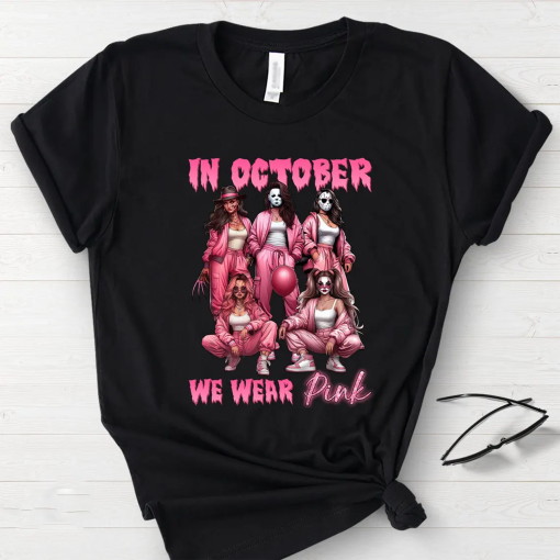 Halloween Shirt, In October We Wear Pink Shirt, Comadre Crew Horror Movie Shirt, Girls Movie Killer Shirt, Halloween Horror Friend Tee