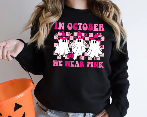 In October We Wear Pink Wizard Ghosts Sweatshirt, Breast Cancer Awareness Halloween T-Shirt, Support Breast Cancer Support Tee