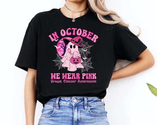 In October We Wear Pink Sweatshirt, Breast Cancer Awareness Shirt, Cancer Survivor Shirt, Halloween Shirt, Ghost Shirt, Support Cancer Shirt