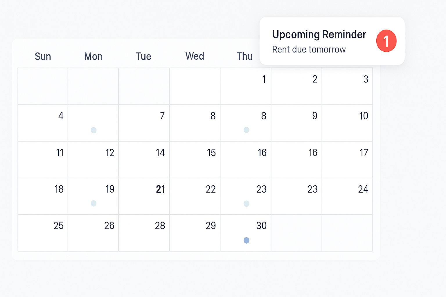 Calendar showing rent due dates with notification overlay Calendar showing rent due dates with notification overlay