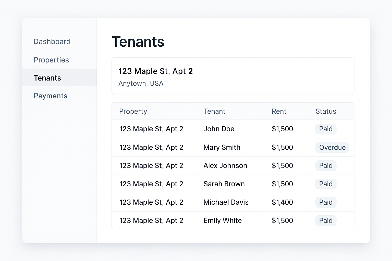 UI showing tenant list and property details UI showing tenant list and property details