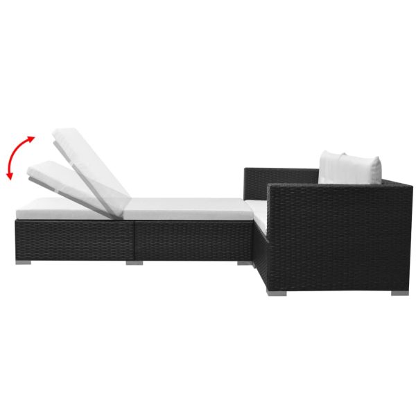 3 pcs conjunto lounge de jardim c/ almofadões vime PE preto - Image 4
