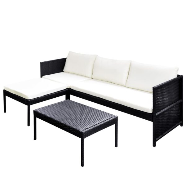 3 pcs conjunto lounge para jardim c/ almofadões vime PE preto - Image 2