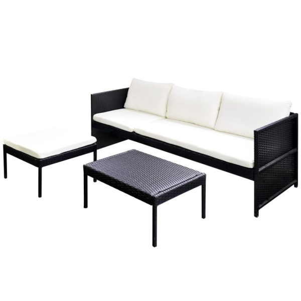 3 pcs conjunto lounge para jardim c/ almofadões vime PE preto - Image 3