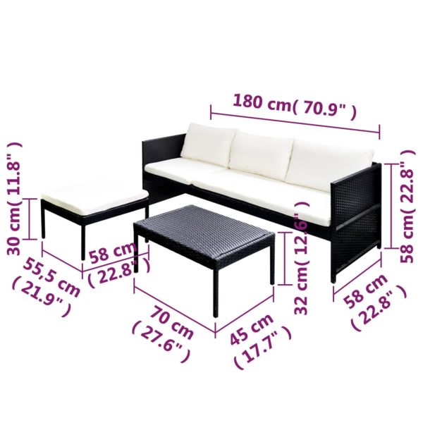 3 pcs conjunto lounge para jardim c/ almofadões vime PE preto - Image 7