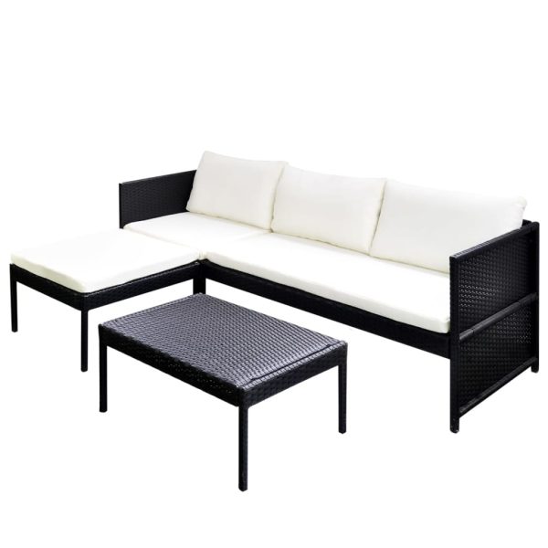 3 pcs conjunto lounge de jardim c/ almofadões vime PE preto - Image 2