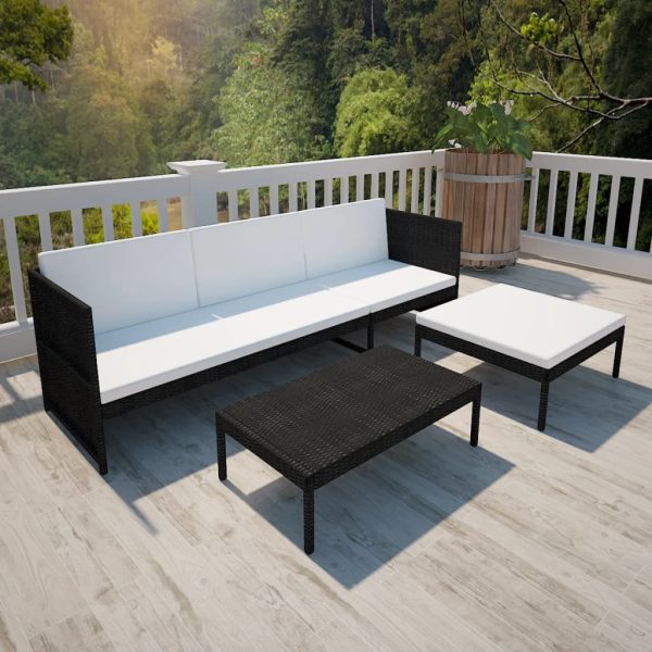 3 pcs conjunto lounge de jardim c/ almofadões vime PE preto - Image 6