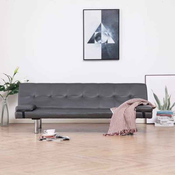 Sofá-cama com 2 almofadas couro artificial cinzento